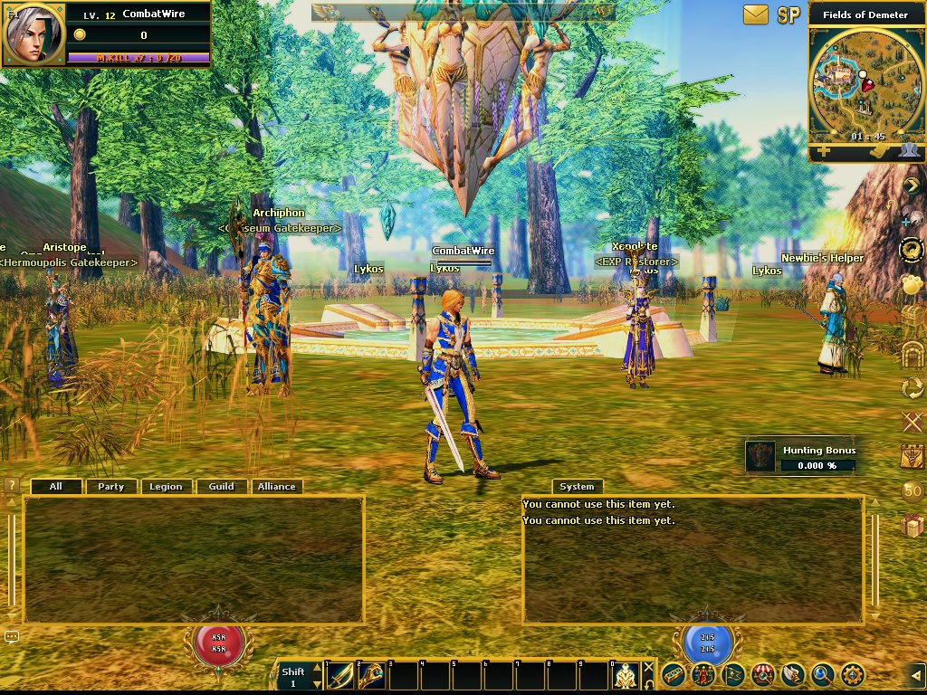 Hermoupolis Gate arrival point in Fields of Demeter: Aristope (Gatekeeper), Archiphon (Coliseum), Xenolyte (EXP Restorer), Newbie's Helper.