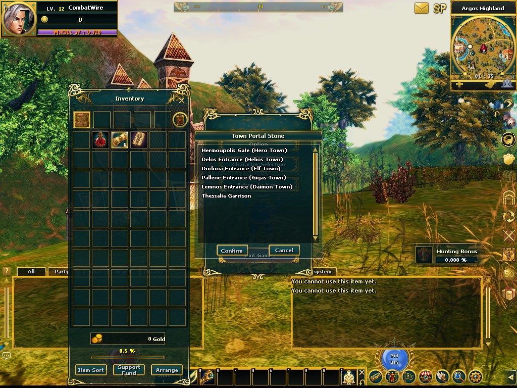 Town Portal Stone destination list on a Hero character: 6 towns, no price shown.