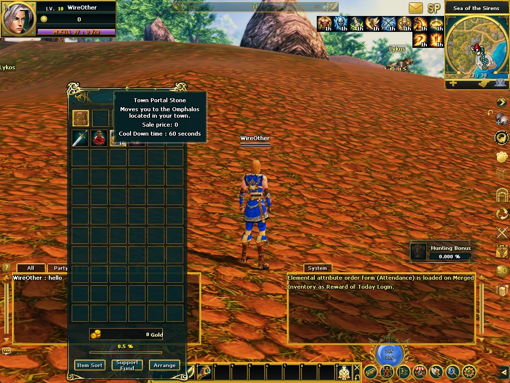 Town Portal Stone: "Moves you to the Omphalos located in your town." 60 s cooldown.
