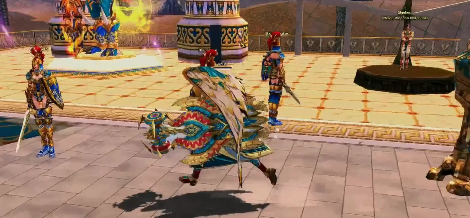 In-game: players and townsfolk together in the Agora plaza