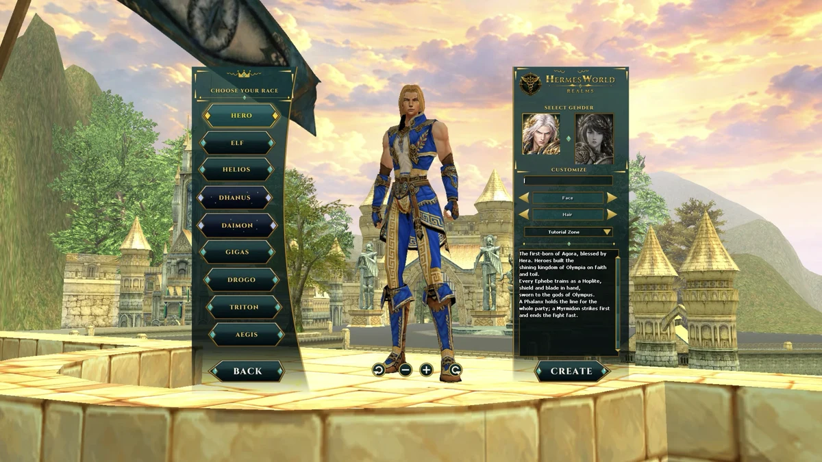 Screenshot: Create a character: Hero (starts in the Tutorial Zone)