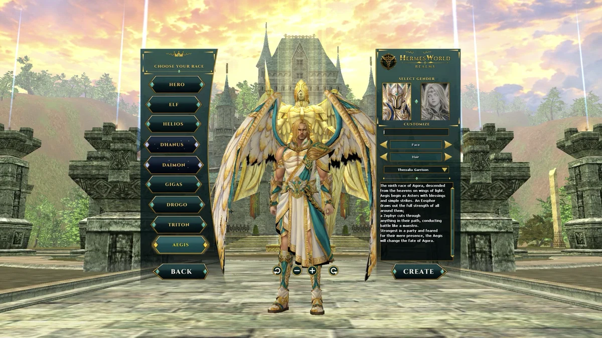 Screenshot: Create a character: Aegis (starts in Thessalia Garrison)