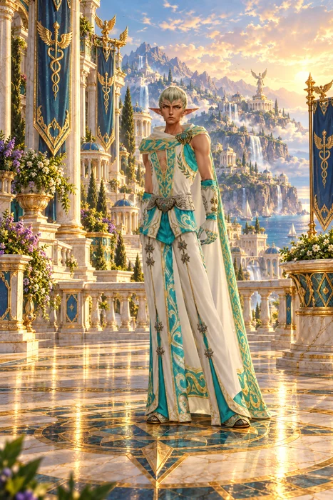 Illustration of the source white-haired elf in teal-white robes