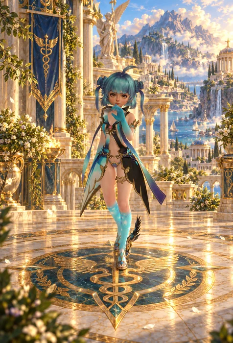 Illustration of the source turquoise-haired Triton in turquoise-black attire